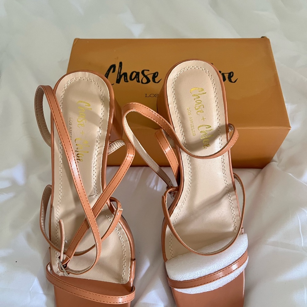 Chase + Chloe Tan Strappy Block Heel Sandals